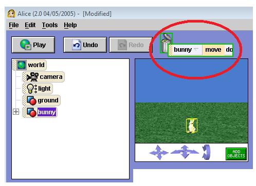 Click on the word move on your bunny move down command and drag the command up to the trash can in