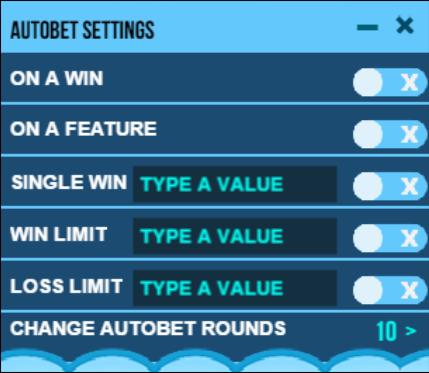 To close the setting panel press the [-] button. To start an auto-bet session, press the PLAY button. To Pause an auto-bet session, press the Pause button.