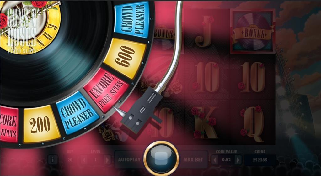 Bonus Features Guns N' Roses Video Slots Game Sheet 3 Bonus symbols appearing anywhere on reels 1, 3 and 5 in the main game, randomly award one of 3 features: Encore Free Spins, the Crowd-Pleaser