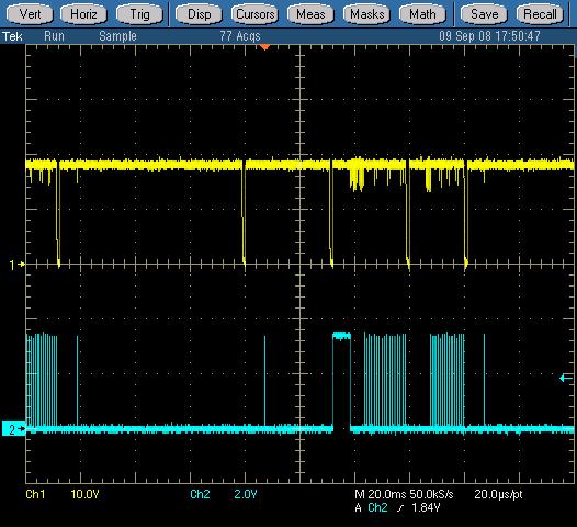 4.3.3) AM Detector (Rx inputs not configured for sub-carrier input) Shown below is the transmitted signal being detected (yellow trace) at TP11 & TP21.