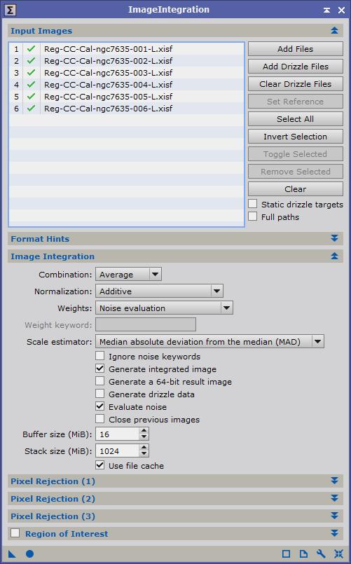 1.6 Integration ImageIntegration->ImageIntegration Add files to input images panel