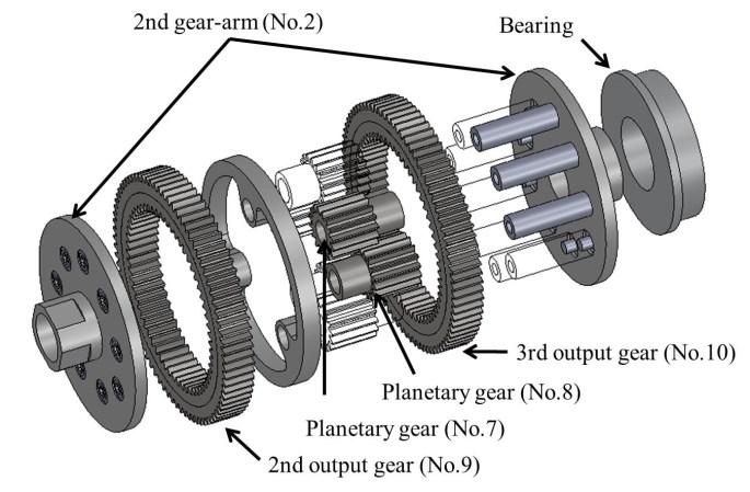 When the robot travels in straight pipelines, these two gears rotate in the same direction with exactly the same speed.