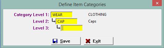 Clicking Add will bring up the Define Item Categories box. Add the first category level. In this example the category for Clothing is added to the Level 1 box.