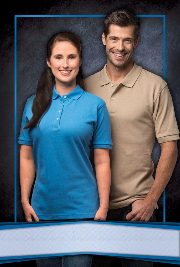 STAIN RESISTANT, SOIL RELEASE, LIQUID REPELLENT, BREATHABLE 2400 ladies 2100 mens C O 100% T O T N MATCHING APRONS ON PAGE 23 2100 2400 0330 5330 CLASSIC COTTON KNITS White Bright Bright Bimini Blue