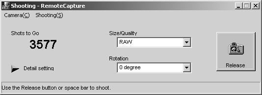 Starting RemoteCapture Shots to Go Displays the number of frames that can be saved on your computer or on the CF card in the camera. Shooting window Release button Takes a shot with the camera.