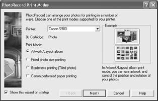 \ The PhotoRecord printing program will start and display the PhotoRecord Print Modes dialog. 4 Select a print mode and click [Next].