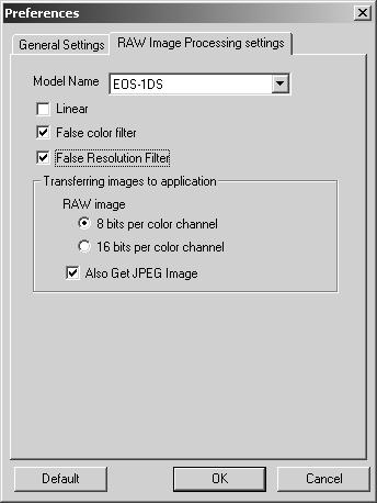 Specifying the Preferences RAW Image Processing settings tab sheet 6 7 8 5 9 10 11 12 13 You can specify the settings shown below in the [RAW Image Processing settings] tab sheet.