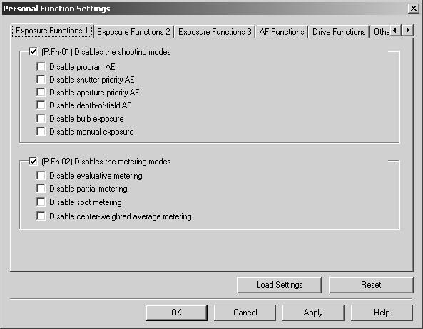 Personal Function Settings For the EOS-1Ds, you can set up to 25 Personal Functions tailored to different types of photography and apply those function settings to the camera.