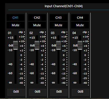 4.6.4. Input channel (CH01-CH04) In this section you can adjust the gain level of each input channel in two different ways: - Pressing the fader button and dragging up or down until you reach the