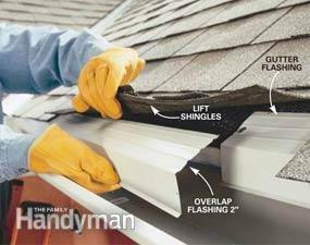 Step 5: Finish with flashing and hangers 1 of 2 Photo 11: Add gutter flashing Slide gutter flashing under the shingles and secure with 1-in. roofing nails every 2 ft. Lap sections about 2 in.