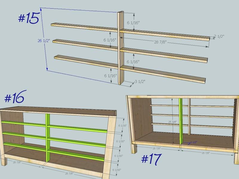 [17] Drawer Divider Begin constructing the drawer divider by drilling two pocket holes in each end of all six horizontal dividers as well as the center support.