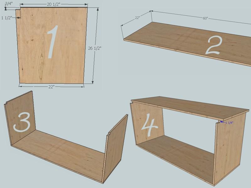[13] Drawer Case Start by cutting a ¾ by 1½ notch out of both drawer box side panels as shown in #1. The 60 x 22 piece is the bottom of the drawer case.