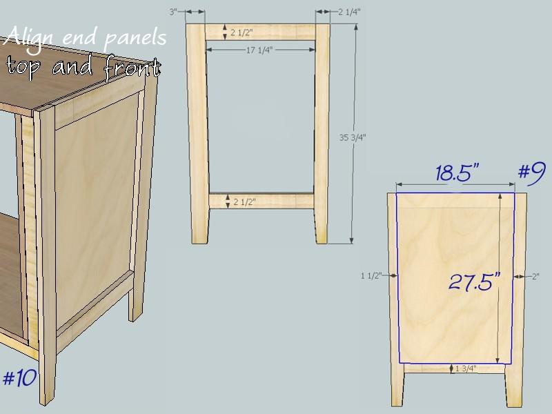 [15] End Panels The two ends of the dresser are mirror images of each other. The front and back leg are different sizes, with the back leg being larger. Keep this in mind as you assemble.