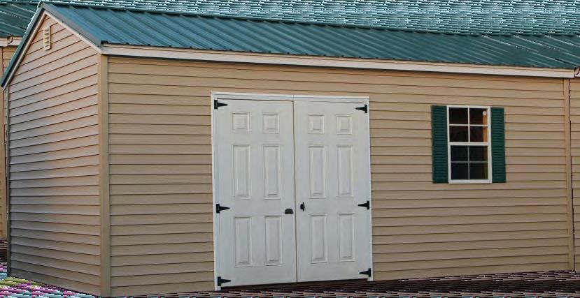 GARDEN SHED Wood Roof Color: Burgundy Vinyl Roof Color: Hunter Green Side Color: Pebble Elite Series Vinyl Siding Shown with Optional Shutters Your #1 Backyard S t or age Solu t ion!