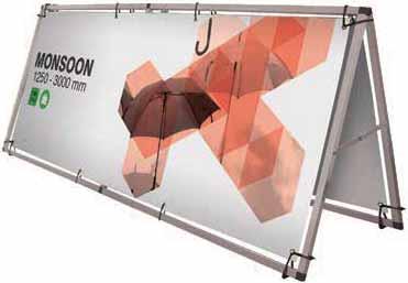 Monsoon -Double sided A-frame banner for freestanding displays -Easy push-fit assembly -Available in three sizes plus wall option -Ground pegs included -Wall mounted option also
