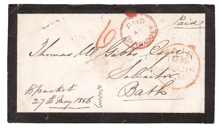 to London on 4 April 1866, has the rare blue Post Office Antigua backstamp, used on this occasion instead of the regular c.d.s. (Fig 1). My records show about 90 covers, nearly all to London.