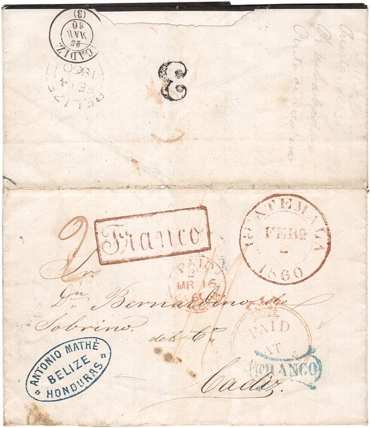 Fig 7 14 February 1860 from Guatemala to Cadiz showing a Belize Dominica The Dominica (Fig 8) is distinctly scarce in the period preceding the temporary use of GB stamps but towards the end of its