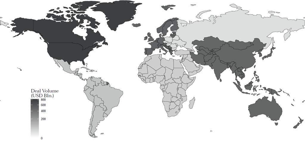 Global M&A Heat Map North America USD 878.1B 1. Skadden Arps Slate Meagher & Flom LLP 18.5% 2. Kirkland & Ellis LLP 14.1% 3. Wachtell Lipton Rosen & Katz 13.2% Western Europe USD 546.25B 1.