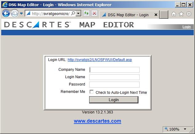Using LNOS Map Editor Open http://<server>/mapeditor in one of the supported browsers, where <server> is the name of the server where Descartes Map Editor is running. A login page will be displayed.