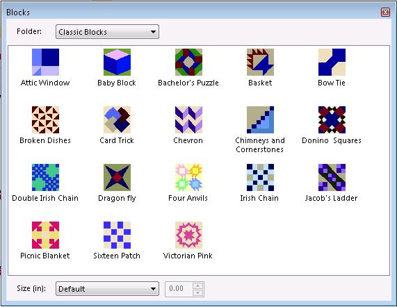 Use the Artwork Block tool to place these blocks into the design workspace. Quilt blocks consist of filled, colored artwork shapes.