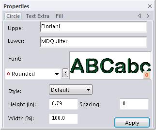 Floriani Total Quilter 79 User s Guide The Circle tab allows you to set options particular to Circle text. The most important item is the text box, where you enter the text that you want to embroider.