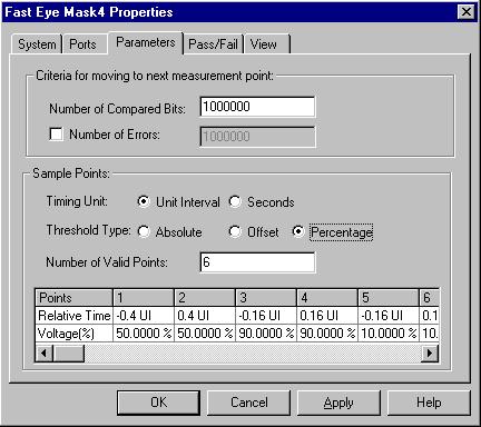How to Specify the Measurement Parameters Setting the Properties of a Fast Eye Mask Measurement Defaults: The percent voltages of the six default measurement points are: 10 %, 50 %, and 90 %, as