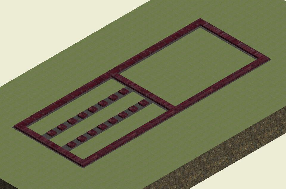 STEP 1 Ground Works 1.1 Clear and align the ground according to the dimensions in the drawing. 1.2 Dig the trenches under a foundation 1 ft deep and 1 ft wide. 1.3 Fill the trenches to ground level with concrete and let cure, or harden.