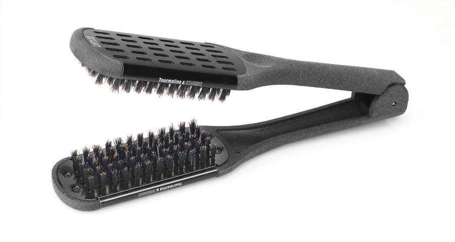 These brush tongs with 100% boar bristle and a pleasant soft touch finish straighten the hair and make it shine.