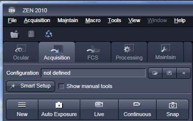 Acquisition Tab When using the Acquisition tab, always be sure to first select View>Show All, and check Show Manual Tools.