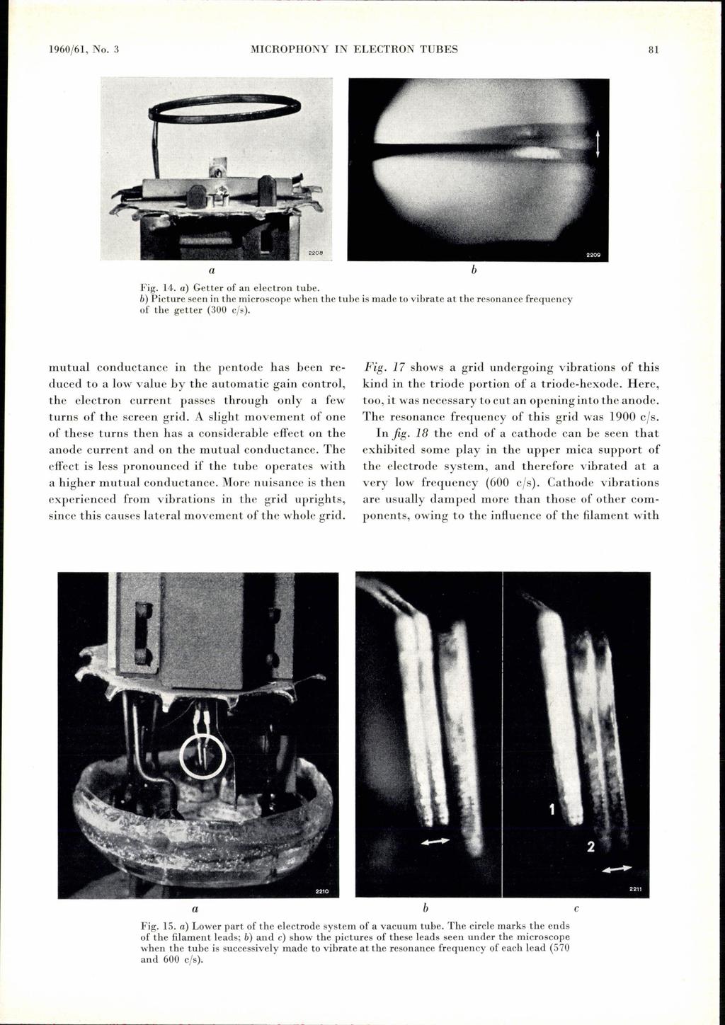 1960j61, No. 3 MICROPHONY IN ELECTRON TUBES 81 Fig. 14. ) Getter of n electron tue. ) Picture seen in the microscope when the tue is mde to virte t the resonnce frequency of the getter (300 cjs).