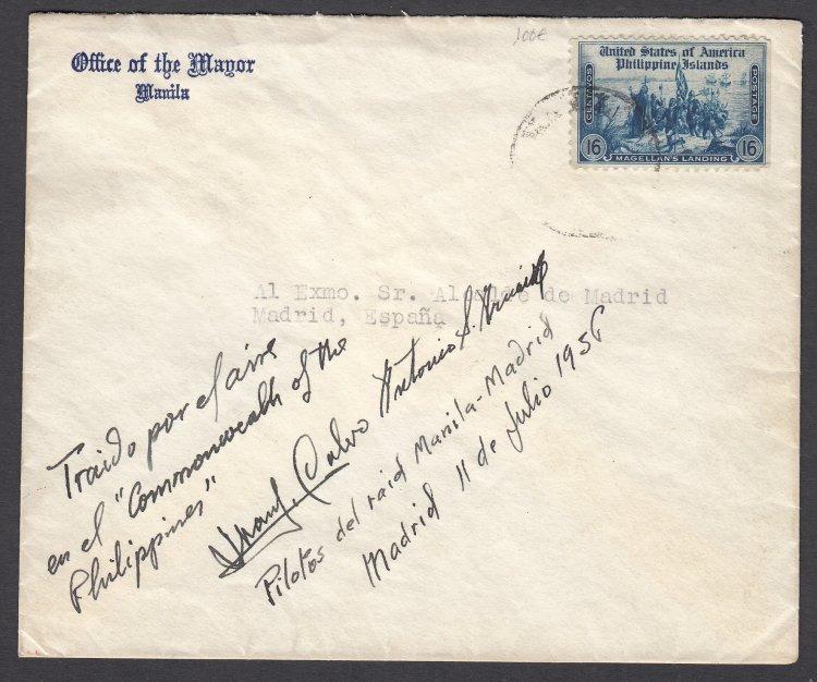 US Occupation 1936 Calvo and Arnaiz Special Cover PTS4-20. Cover with 'Office of the Mayor Manila' corner card to Madrid, Spain. Special cover endorsed 'Pilots del Raid Manila-Madrid, 11 July, 1936'.