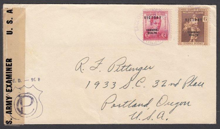 00 US Occupation 1945 Censor Cover from Tacloban, Leyte PTS4-23. Scott #485, 487. Cover from Tacloban, Leyte to Oregon, USA.