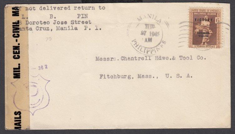 US Occupation 1945 Censor Cover from Manila PTS4-24. Scott #487.