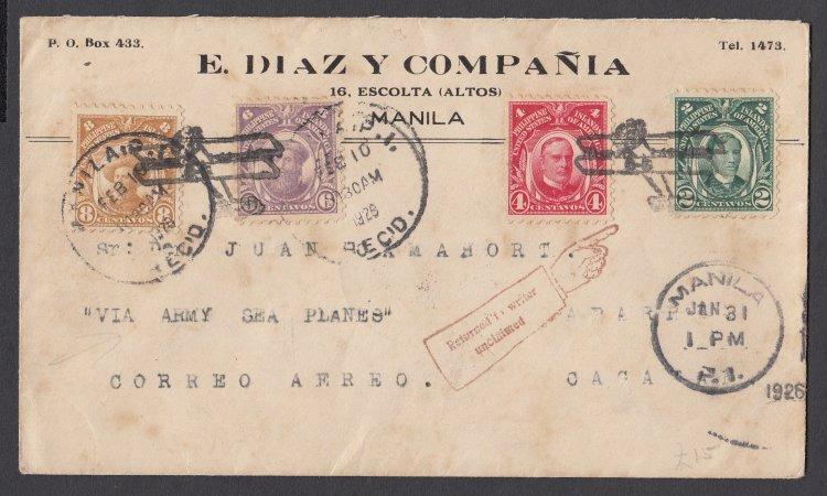 US Occupation 1926 Norther Luzon Flight Cover PTS4-26. AAMC-10c. Manila to Aparri, Cagayan cancelled 31 January 1926 with 3 February Aparri Receiving CDS on reverse.
