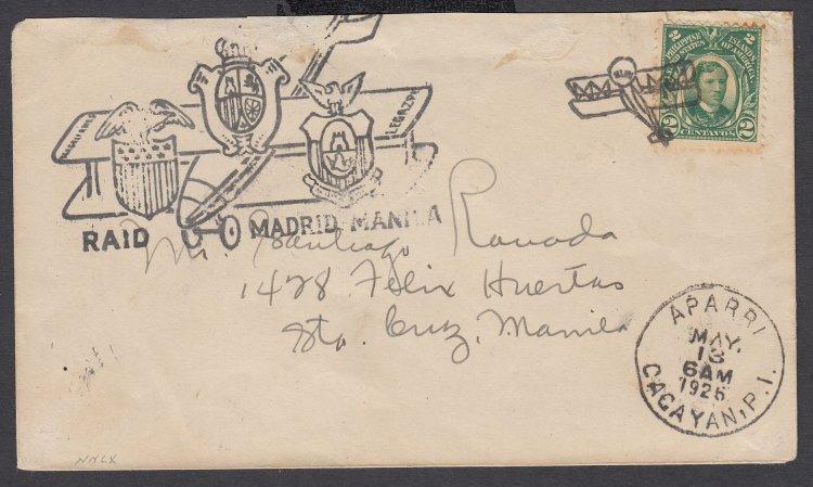 This cover does not possess the Boxed Cancel (Type 6) noted in AAMC. $125.00 US Occupation 1926 RAID Madrid to Manila Flight Cover PTS4-27. AAMC-11.