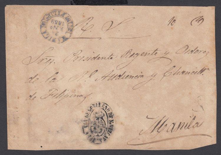 1859 Stampless 'SN' Official Cover Front PTS4-01. Stampless Official Cover front with Manuscript 'R.S.' (Royal Servicio) and official handstamp from Nueva Vizcaya.