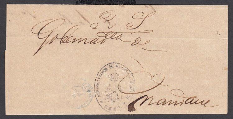 00 Spanish-Philippines 1888 Stampless 'SN' Official Document PTS4-02. Stampless folded document to Mandaue, Cebu with Manuscript 'R.S.' (Royal Servicio) with official Cebu handstamp and 'Visayas 13 December - Cebu' blue CDS.