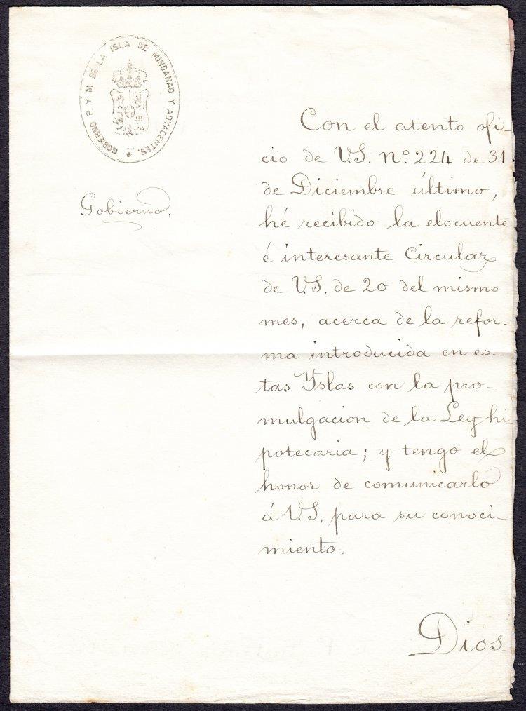 1890 Mindanao Official Document PTS4-05. Official document with very fine strike of Gobierno de la Isla de Mindanao official handstamp.