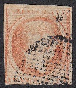 1854 5c Queen Isabella Used PTS4-06. Scott #1. 5c Queen Isabella issue, used with Circle of Dots Cnacel on lower right section.