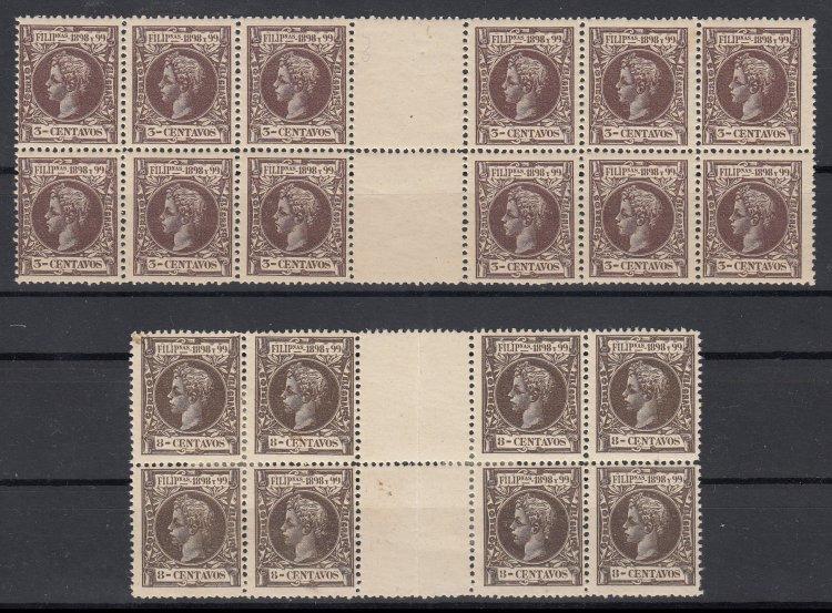 1898 3c & 8c King Alfonso XIII Gutters PTS4-14. Scott #199, 203. 3c Gutter B/12 and 8c Gutter B/8, both showing two gutters.