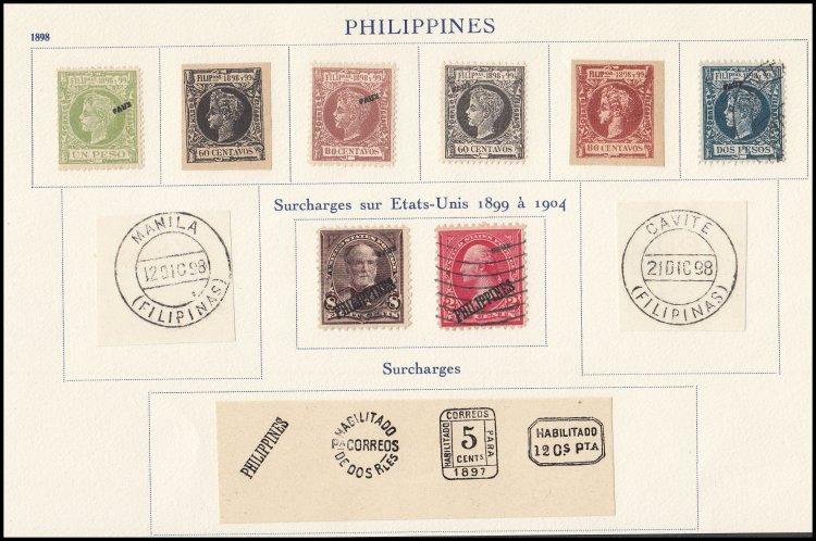 00 Spanish-Philippines 1898-1904 Fournier Forgeries Half Page PTS4-15. Fournier forgeries of the 1898 issue and early US period stamps.