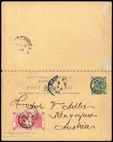 Postal Stationery 3248 3244 Stationery Cards : 1896 (2 Dec.) Q.V. 1c. + 1c. reply-paid double card to Austria (arrival c.d.s.), the outgoing half uprated with 2c.