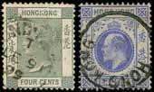 HK$ 1,800-2,200 3340 Cancellations : 1863-71 6c. lilac, centrally cancelled by fine to very fine GB/1F 80c accountancy h.s. in blue, thinned, excellent appearance for this rare handstamp on a Hong Kong adhesive; also included is a second 6c.