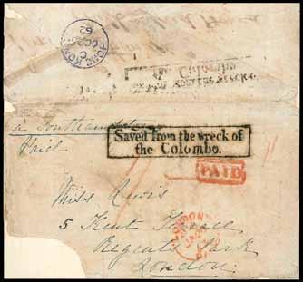 63) adjacent, showing very fine Saved from the Wreck of/the Colombo framed h.s (in the scarcer from China smaller fount of the two wreck h.s.) and on reverse Hong Kong/C c.d.s. in blue (25.