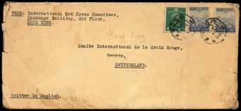 44, the third anniversary of the war s start), small faults, fine appearance. Scott 311a, B4-B5. HK$ 1,000-1,200 3394 3394 Wantsai : 1945 (27 Apr.) registered red-band envelope to Canton (1/5.