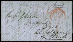 HK$ 2,500-3,000 3017 Selection : 1848-55 entire letters (4) from Hong Kong to Bombay (2), London and Scotland, the Bombay letters showing Bombay/Ship Letter/In/Bearing framed h.s., with one also showing Singapore forwarder s h.