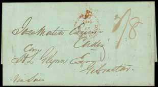 3449 Amoy 3449 1851 (15 Dec.) entire letter from James Tait, Emuy (Amoy) to Cadiz, Spain (22.5.52 per docketing), care HL Glynn, Gibraltar, showing medium Paid/at/Hong Kong Crowned Circle in red (Webb type 8) with Hong Kong double-arc despatch d.