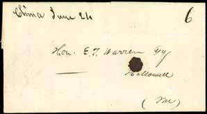 HK$ 15,000-20,000 Canton 3452 3453 1827 entire letter datelined China June 26th, 1827 to Hallowell, Maine, U.S.A., rated 6 (U.S. ship letter fee), fine. 3454 1837 (16 Jan.