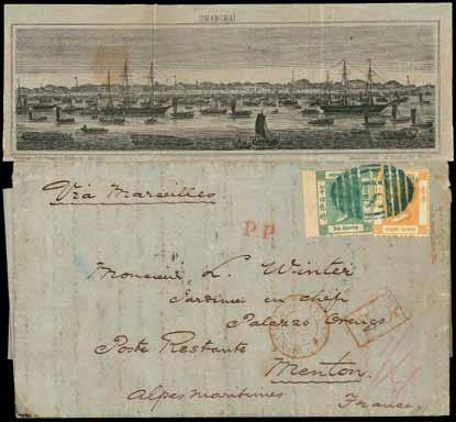 3470 3470 1870 (2 June) entire letter from Shanghai to Menton, France (26.7 across the join) (with printed view of Shanghai and river with ships in foreground inside) Via Marseilles (25.