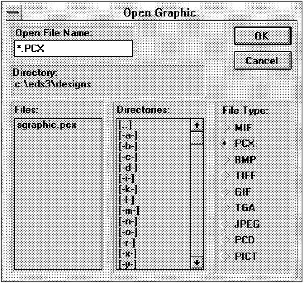 7-4 Scan / Graphics In the following example we have clicked on the PCX file type and have found that one file exists in the d:\eds3\designs directory. This file is named sgraphic.